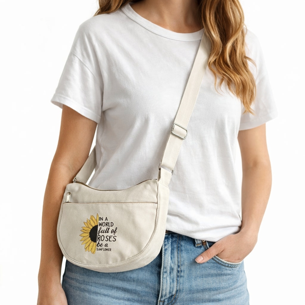 Elegant Bow Design Dtf Printed( Premium Cotton Canvas Shoulder & Cross Body Bag / Num Of Compartment 5