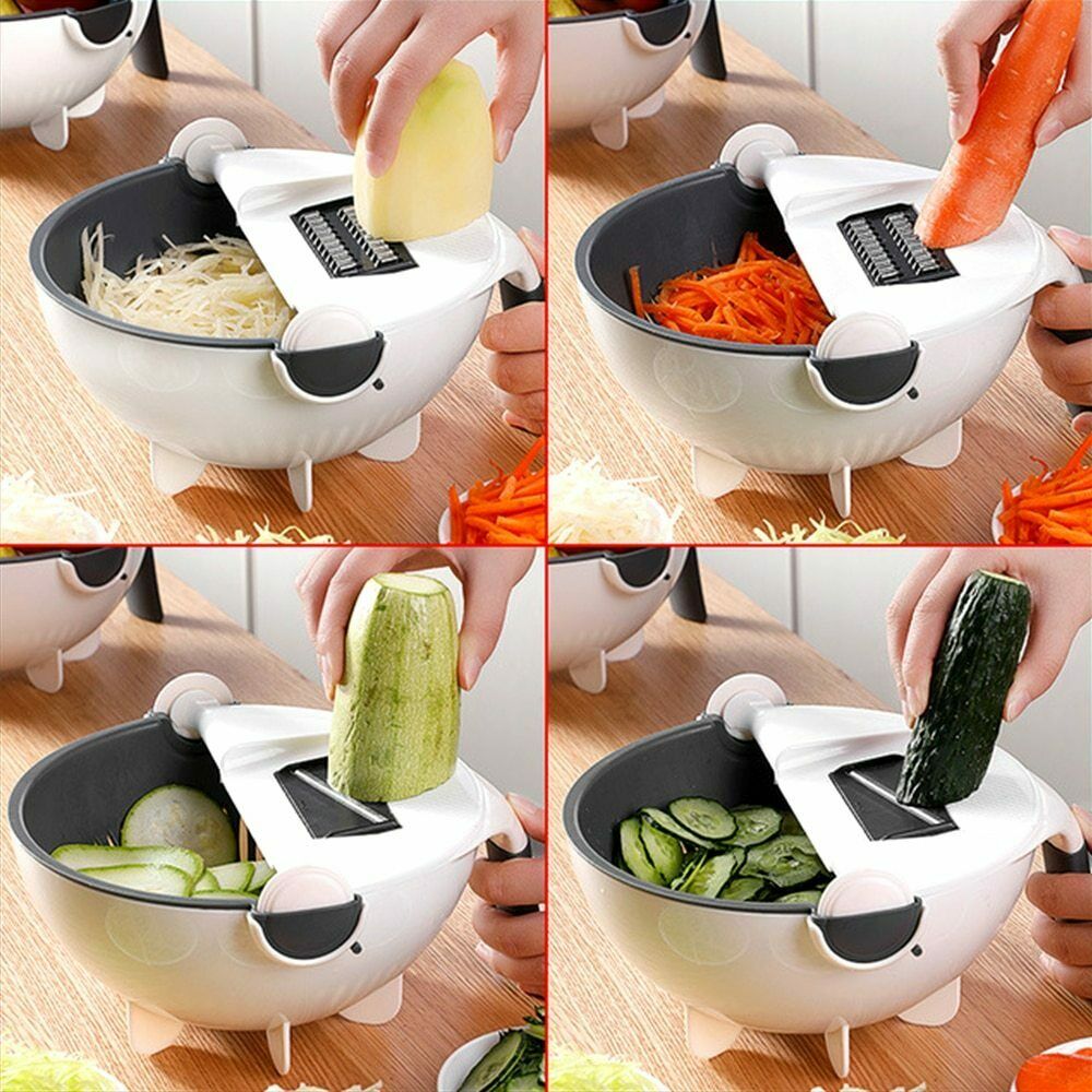 9 in 1 Multifunction Kitchen Wet Basket Vegetable Cutter With Drain Magic Rotate Safety