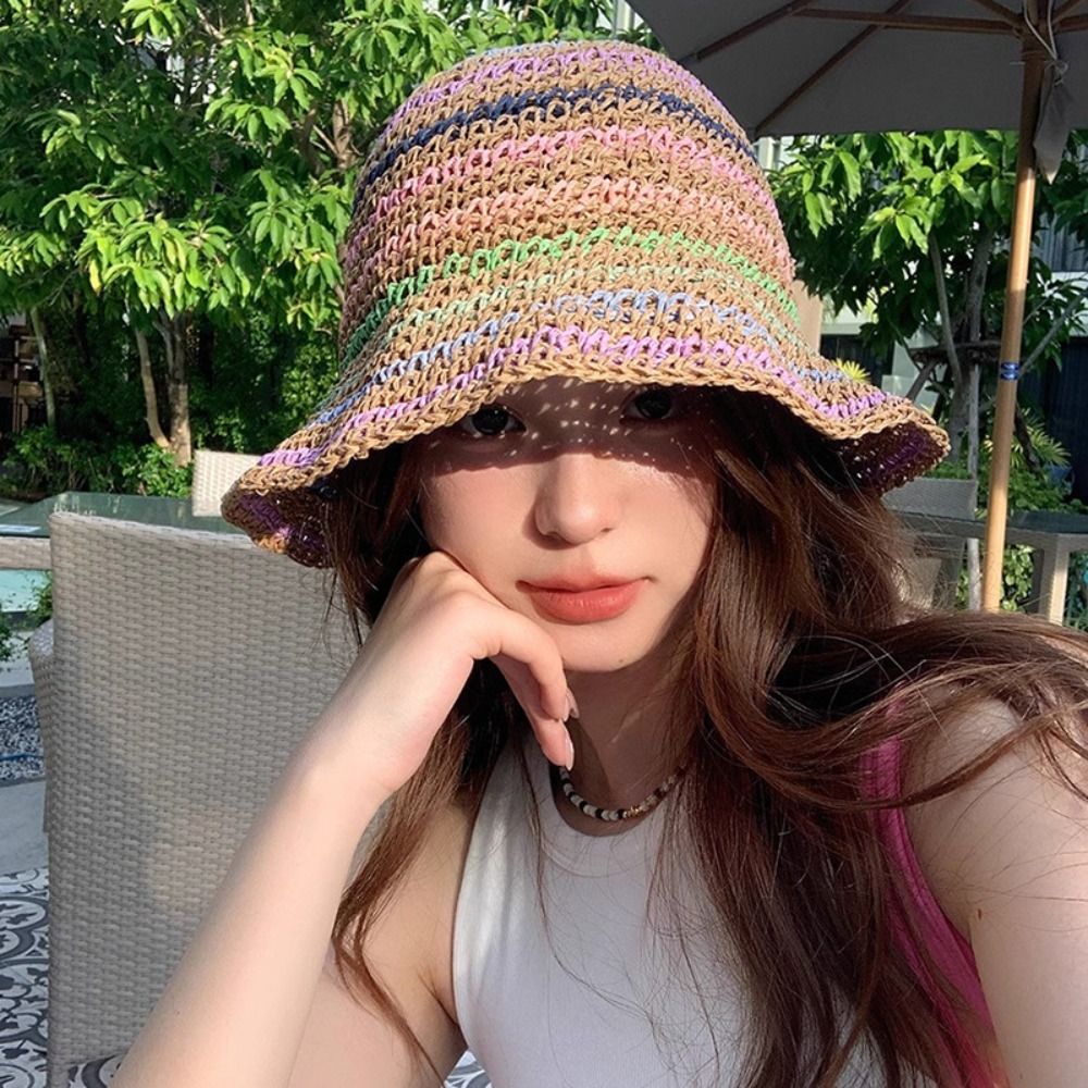 Summer Beach Straw Cap Women's Handmade Rainbow Sun hat Wide Brimmed Striped Bucket Hat Girls
