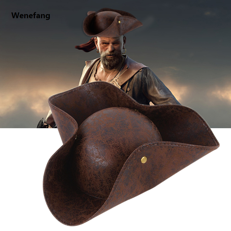 Wenefang Halloween Cap Costume Brown Distressed Tricorn Caps Cosplay Accessorie 2025 New Faux Leather Button Masquerade Party Men Women Pirate Hat