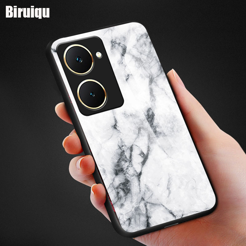 Biruiqu For VIVO Y18 Shockproof Fashion Marble Tempered Glass Back Case Cover