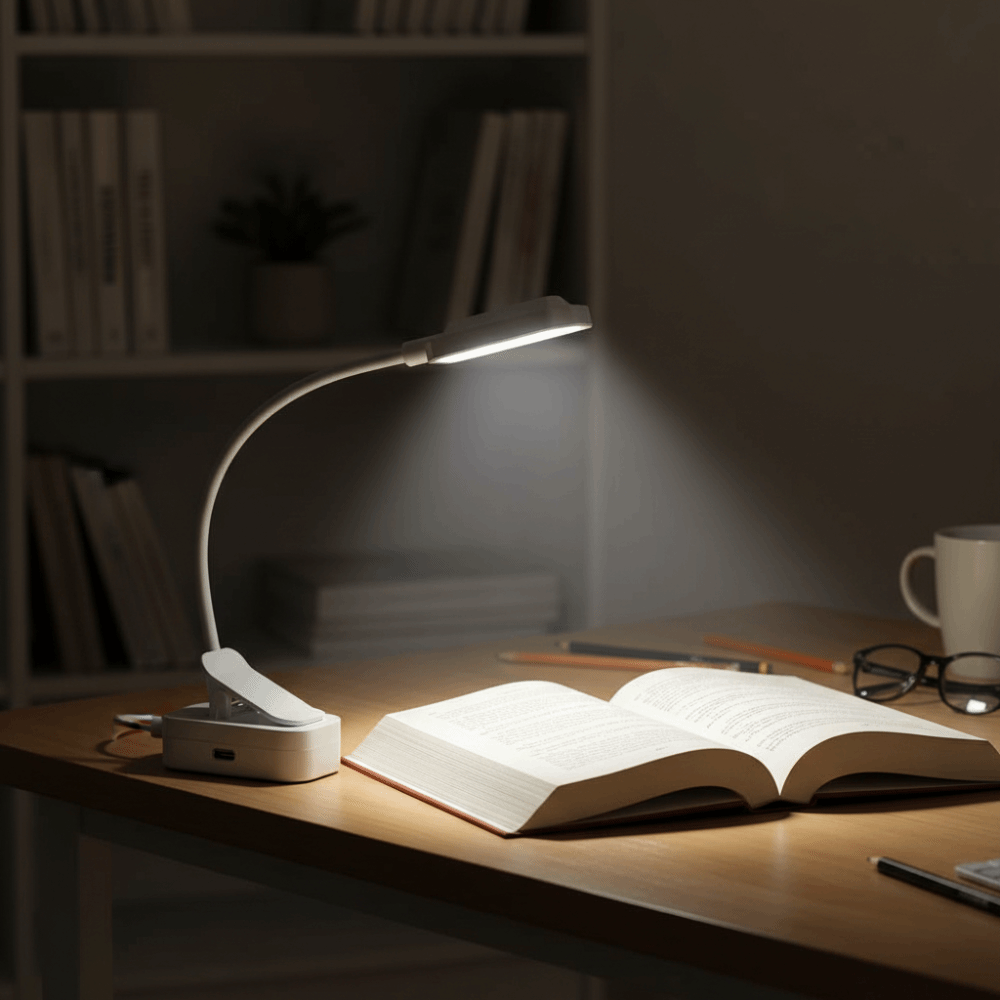 Adjust Brightness 3 Modes LED Clip On Book Light Flexible Neck Stepless Dimmable Rechargeable Light Three Color Temperatures Long Press Adjust Portable Reading Light Bedside Light