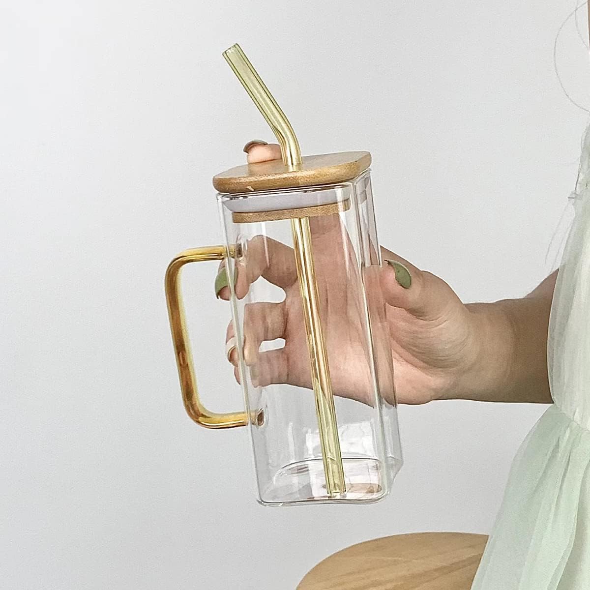 Glass Mug with Lid and Iced Coffee Cup with Handle Square Drinking Glasses Tumbler Cups for Smoothie Juice