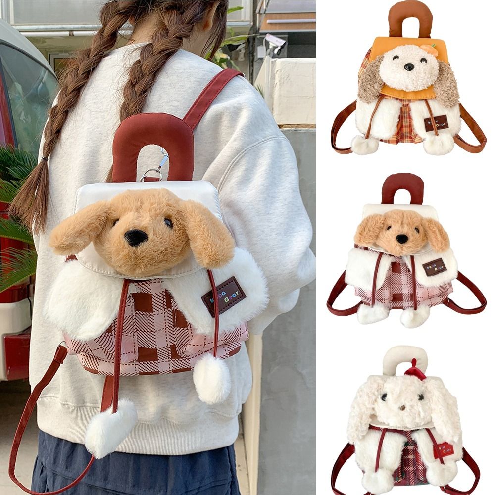 Cute Cartoon Plush Dog Backpack Kawaii Checkered Pattern Flip-Top Backpack Lightweight Handbag Girls