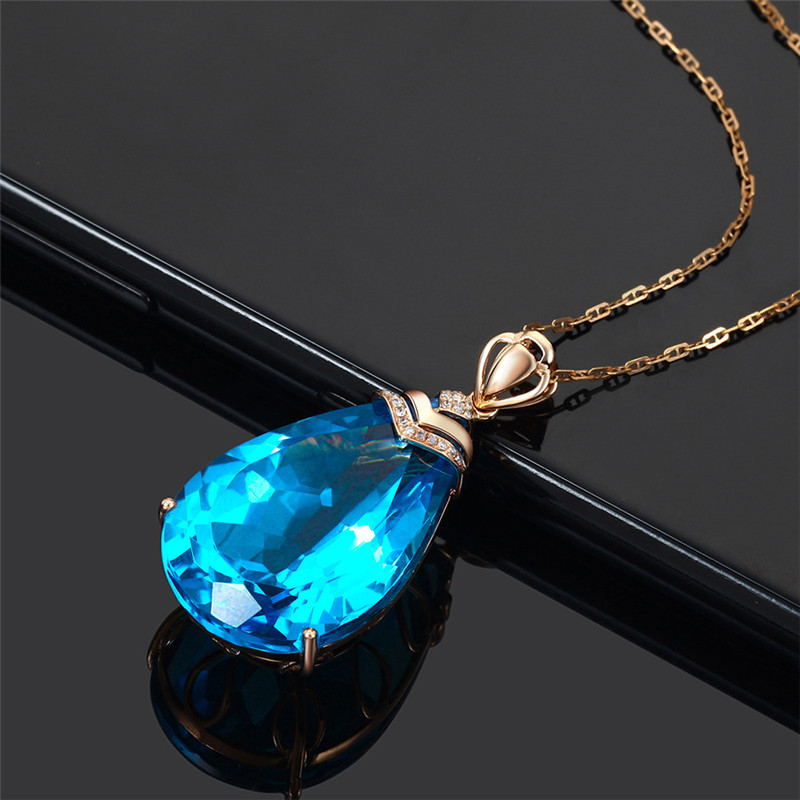 【New Arrivals】Sea Blue Topaz Water Drop Pear Pendant Women's 18K Rose Gold Plating Necklace Cold Style Women's Personalized Light Luxury