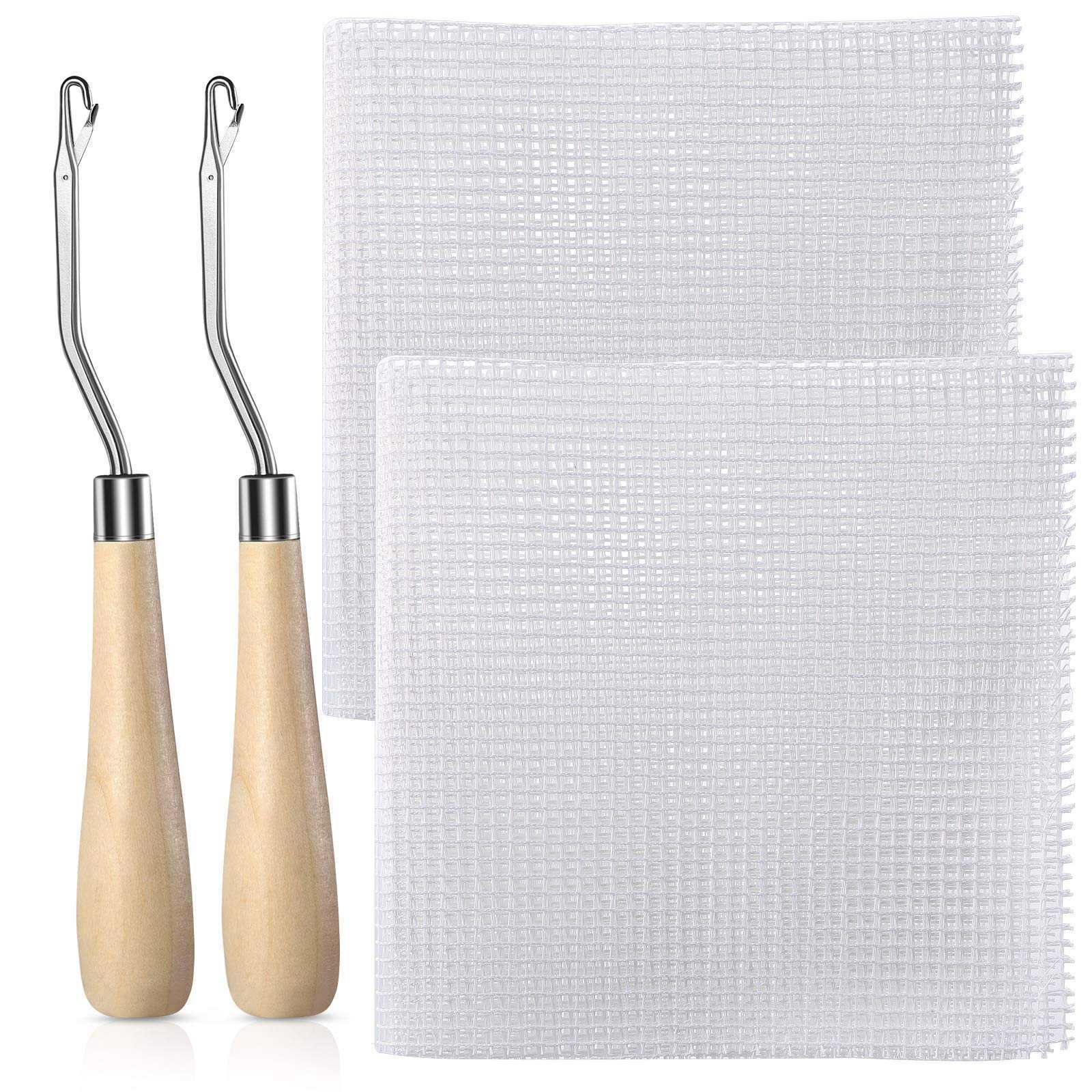 NAMUNY 2Pcs Blank Rug Hooking Mesh Latch Hook Canvas Kit with 2 Pcs Wooden Bent Crochets for DIY Rug Tapestry (19X19 Inch)