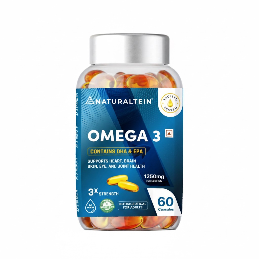 Naturaltein Omega 3 Triple Strength Fish Oil- 60 Softgels For Better Absorption, Heart, Brain, Eye & Joint Support
