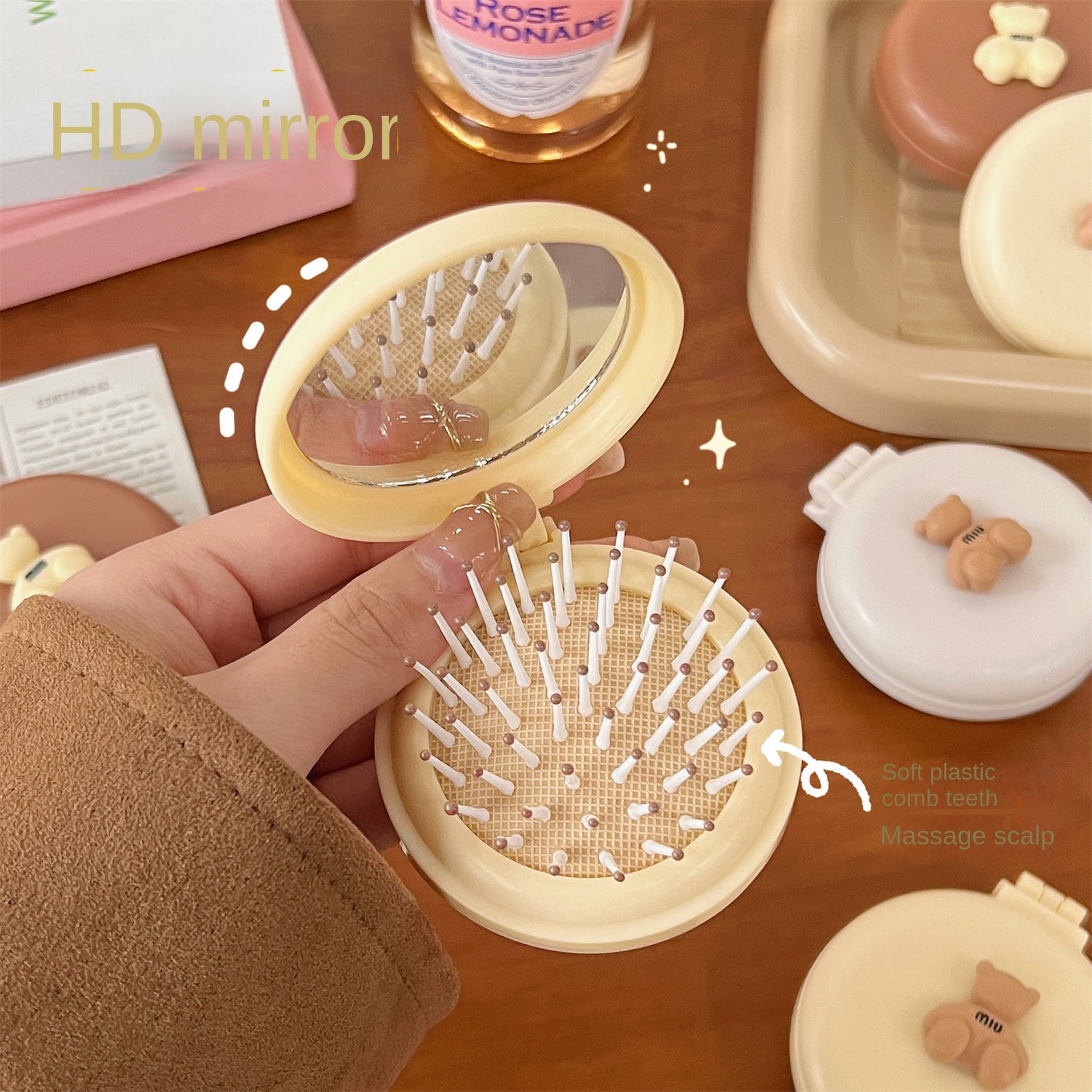 Vylon Mini Cute Foldable Head Massager Cartoon Air Bag Hair Comb Air Cushion Comb with Makeup Mirror Portable Hair Styling Comb Tools