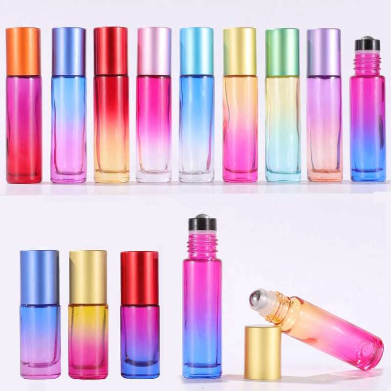 10X 20X 10ml Gradient Color Refillable Glass Essential Oil Bottles With Metal Roller Ball for Fragrance Perfume