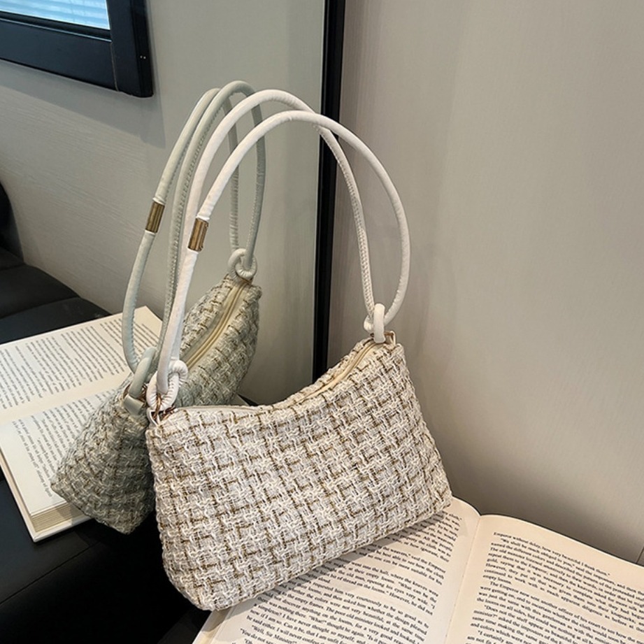Dacron Woolen Plaid Underarm Bag Zipper Appliques Hobos Purse Crossbody Bag Soft New Designer Handbags Versatile