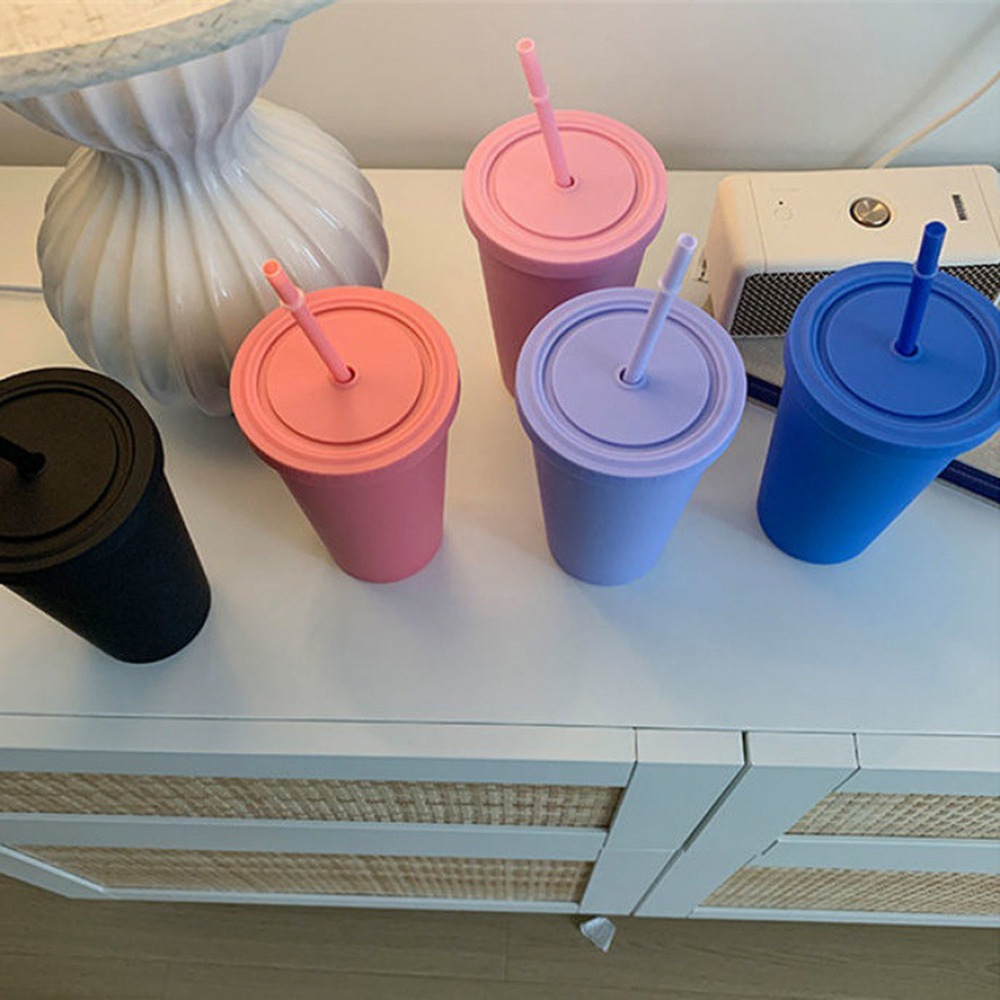 Kettle Straw Carry Easy Water Cup Hand Held Plastic Coffee Cup Cup Straw Candy Color Double Layer Plastic Matte