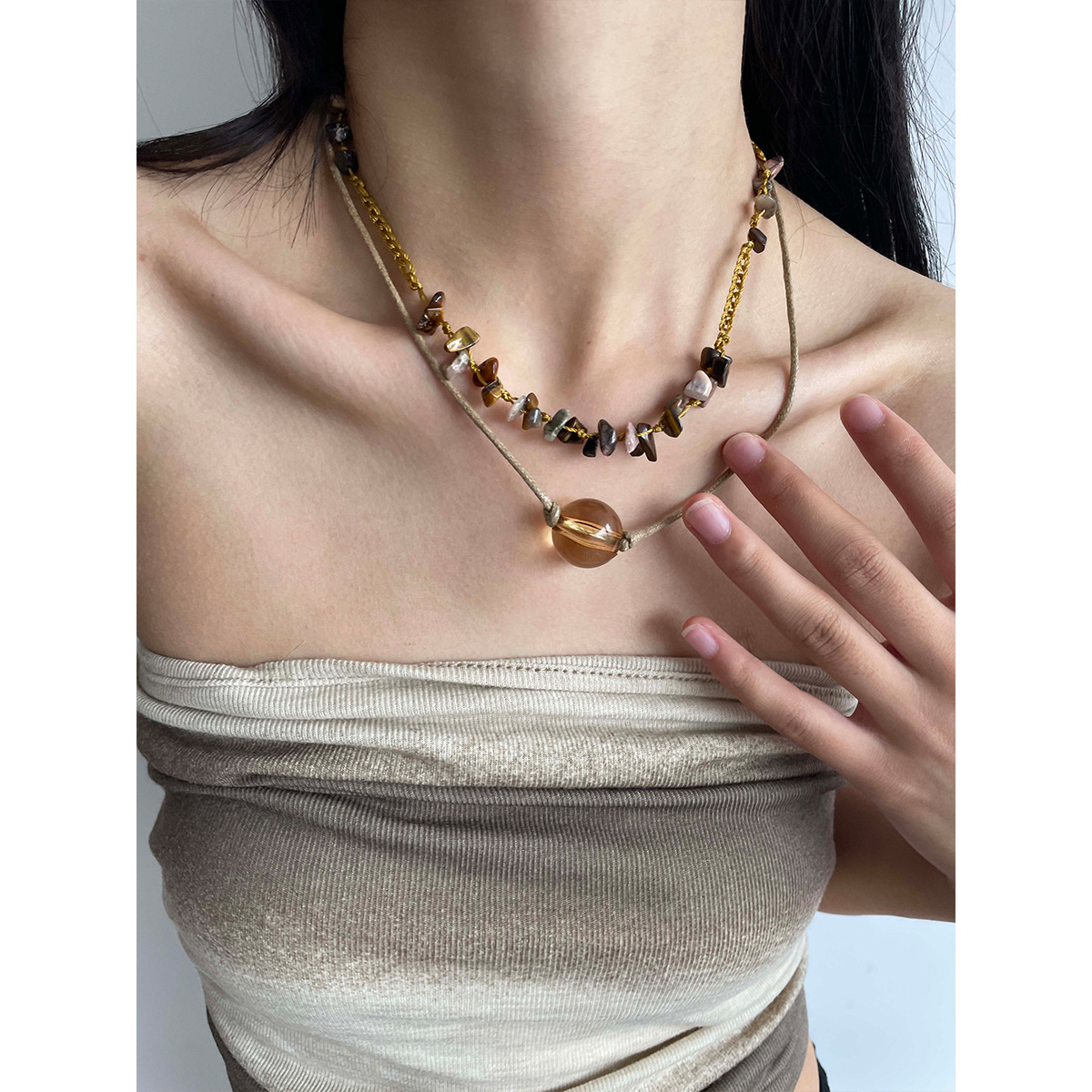 【New arrivals】Handmade Woven Double Layer Stacked Ethnic Style Beaded Clavicle Chain Natural Stone Necklace Choker Female