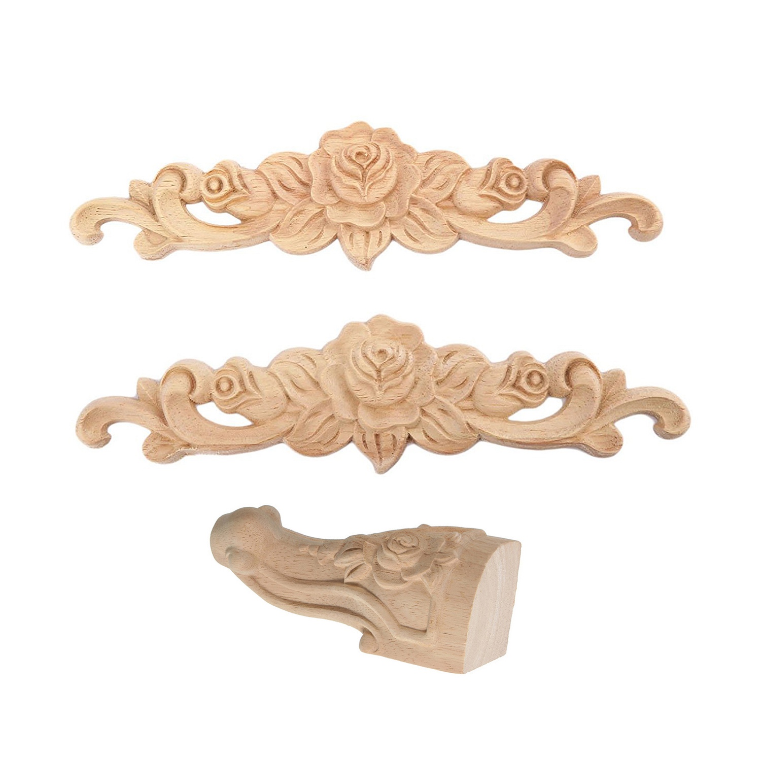 6 Pcs Decorations: 2 Pcs 20X5Cm Wood Carved Long Onlay Applique & 4 Pcs 10X6Cm Solid Wood Carved Furniture Foot Legs