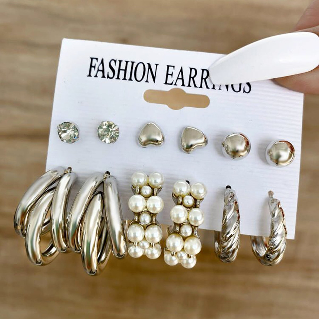 【New arrivals】Inlaid imitation pearl twist earrings suit 6 pieces creative retro golden love earrings female ins style