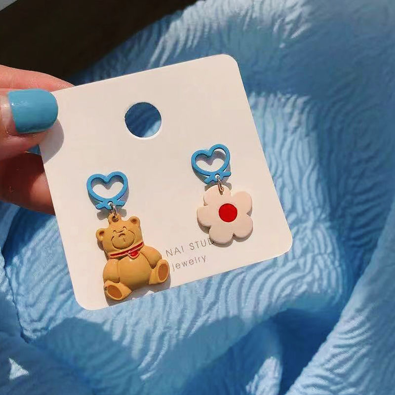 Cartoon Bear Earrings ~ Blue Peach Heart Flower Contrast Four Seasons New Earrings Women's Earrings Earrings