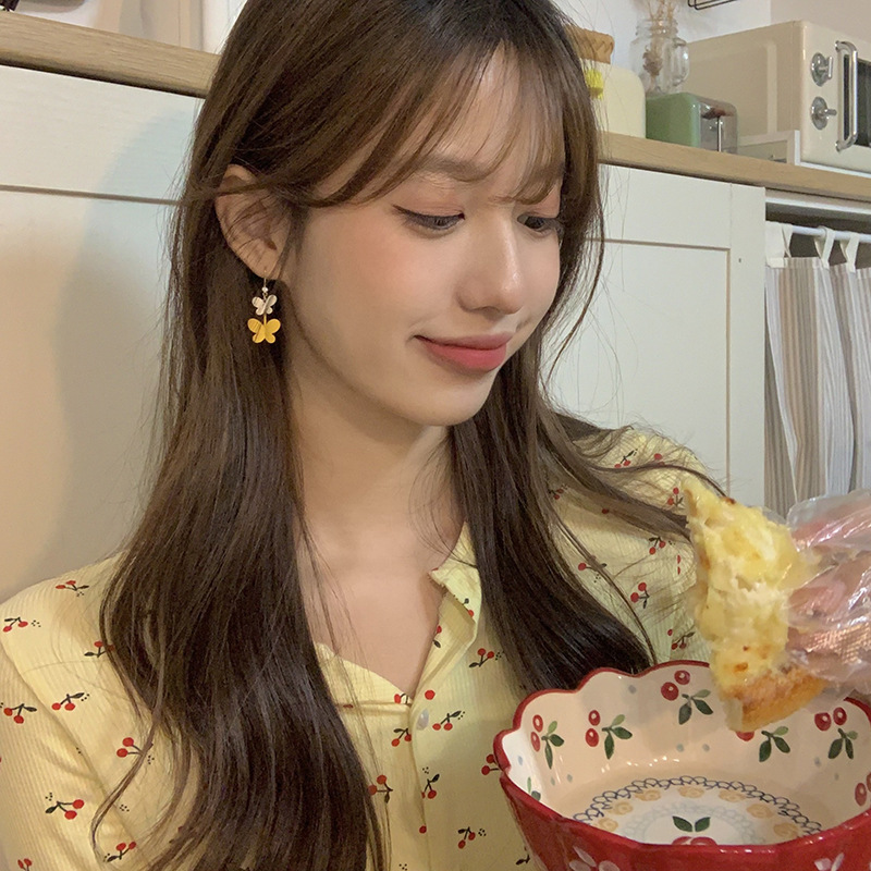【Best Price Guaranteed】Japanese and Korean Early Spring Bow Earrings All-match Ear Hook Yellow Ear Stud Women's Color Matching Earrings Simple Mori Style Cute Sweet