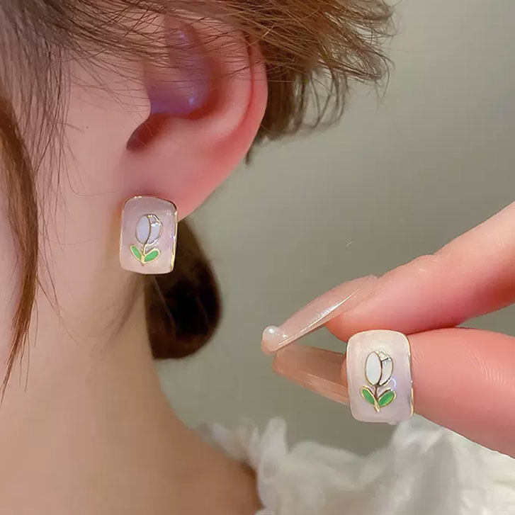 【New Arrivals】Pink Tulip Flower Earrings Women's Ins Fashionable Korean Style Elegant Sweet Niche High-end Design Earrings Earrings