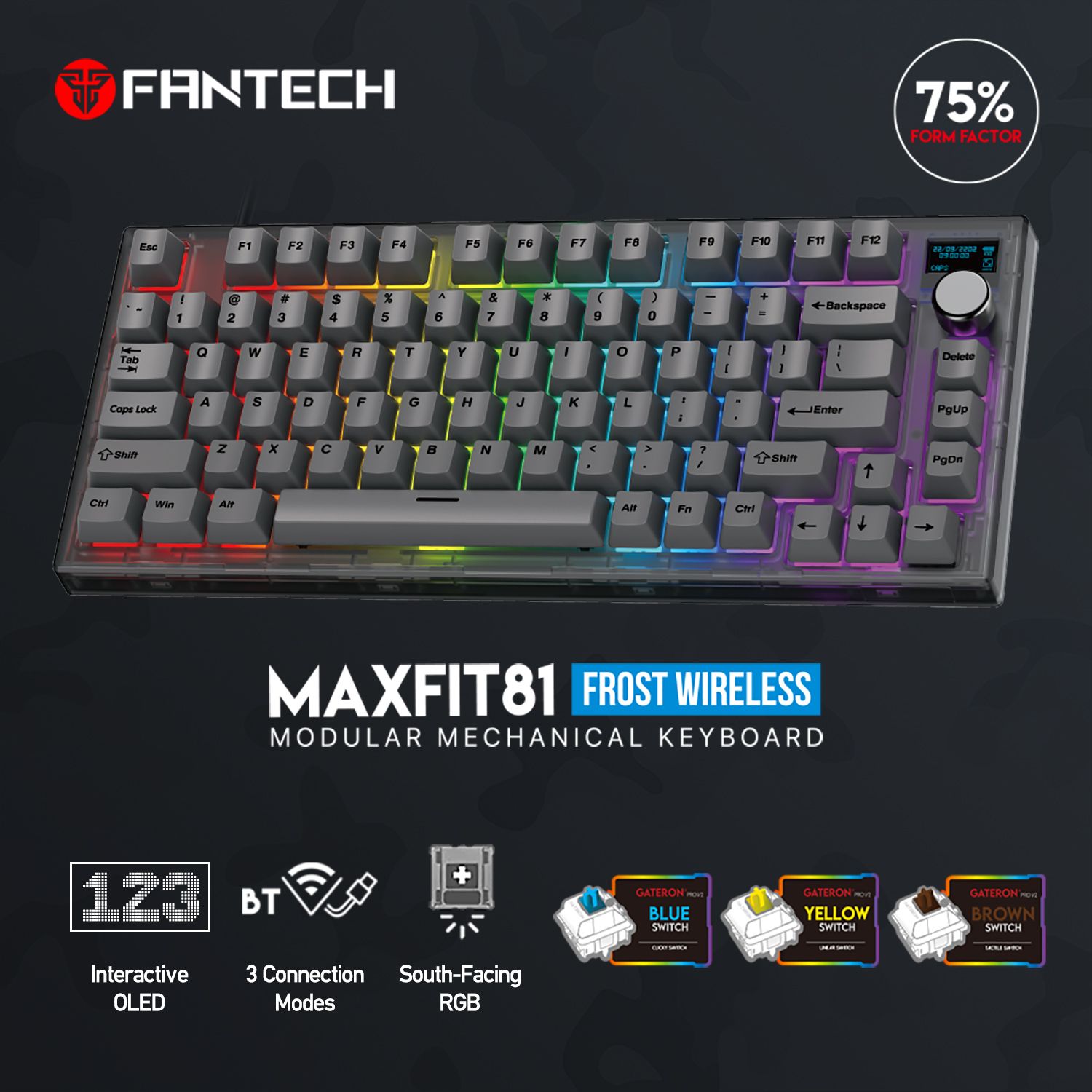 FANTECH MAXFIT81 MK910 Wireless Bluetooth 75% Mechanical Keyboard Gaming PBT-Black(Brown Switch)
