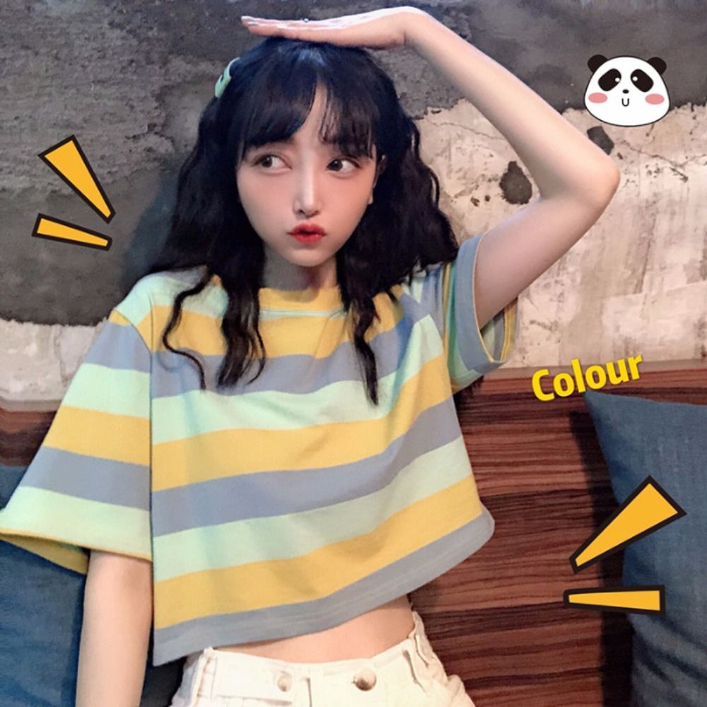 Classic Loose Fit Rainbow Striped T Shirts Rainbow Striped Crewneck Summer Tops Crop Top 2024