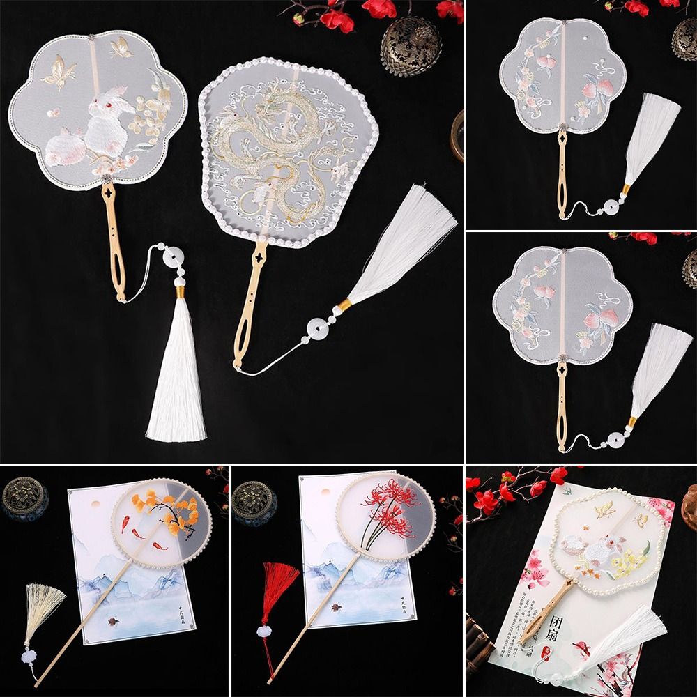 Creative With Tassel Home decoration Embroidery Handheld Fan Long Handle Chinese Retro Style Pearl Edging