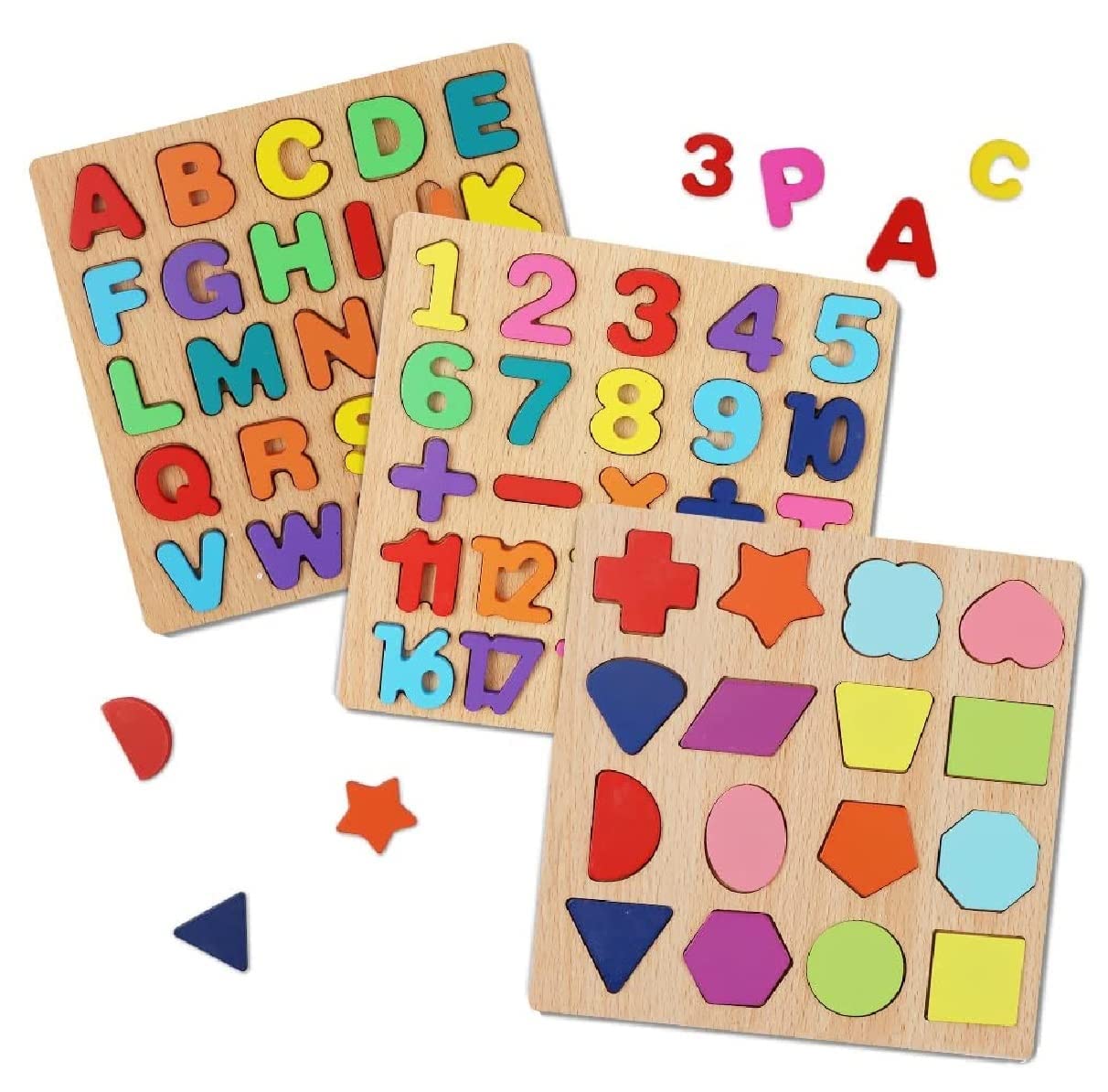 Wooden Alphabet, Number & Shape Puzzle Board | Montessori Early Learning Toy for Toddlers & Preschool Kids (Ages 2-5)