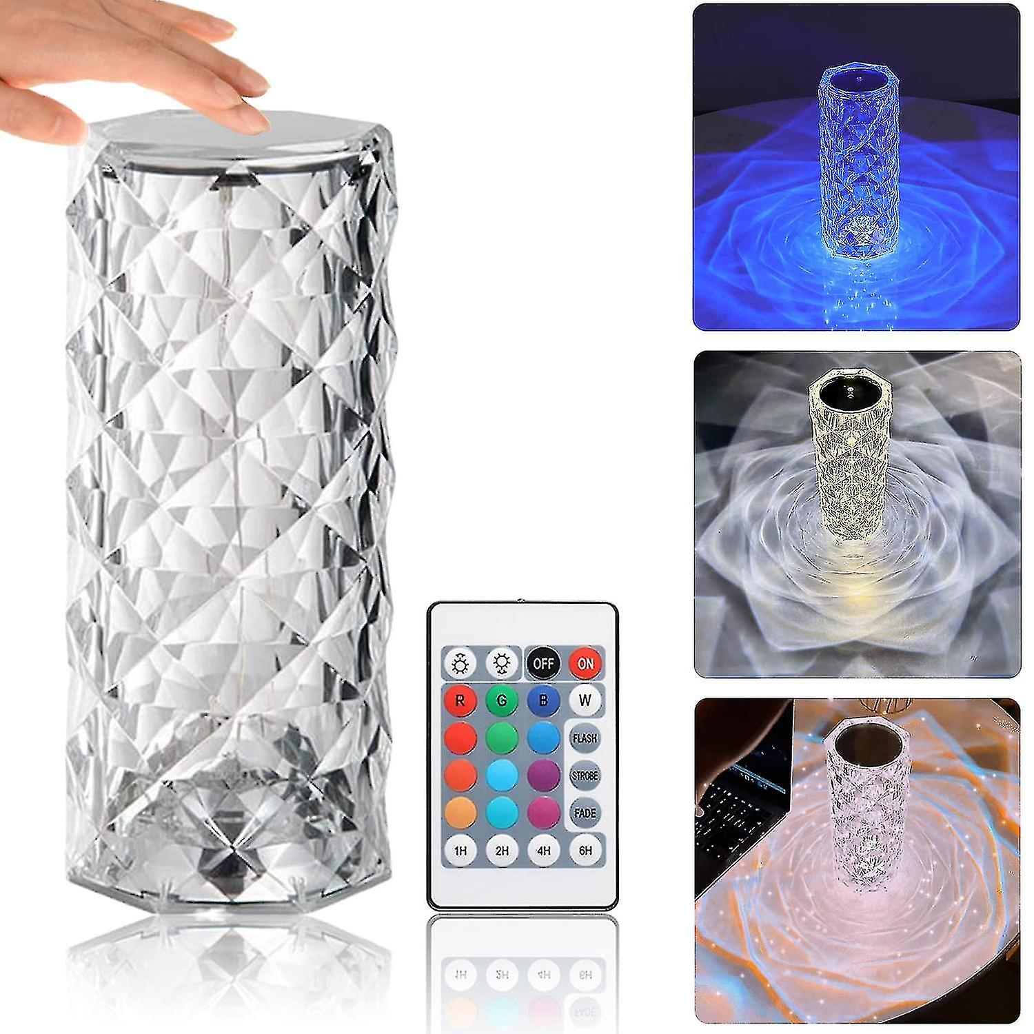 Rechargable Rose Crystal Diamond Lamp, 16 Colors USB Charging Touch Lamp Bedside Night Light