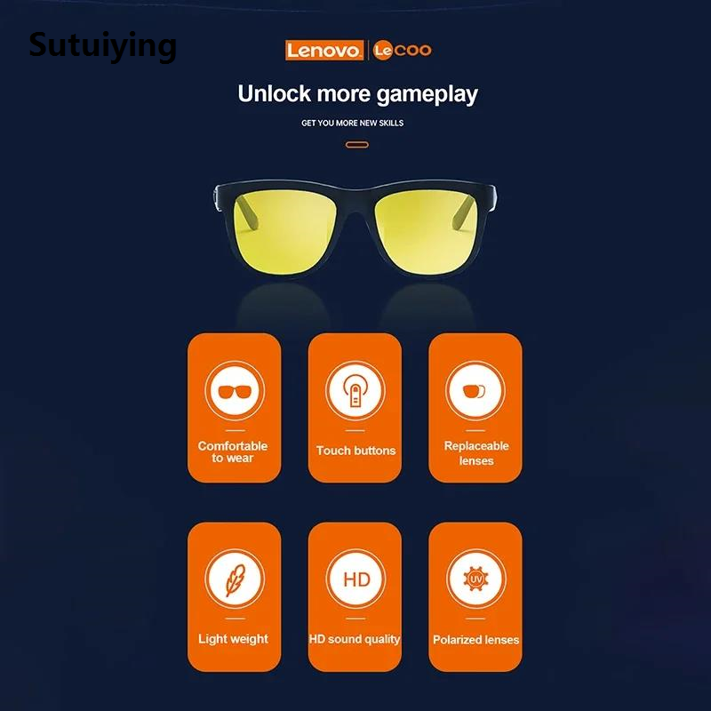 Sutuiying Lenovo Lecoo C8 Lite Earphone Wireless Bluetooth Glasses Headphones Hot Selling Light Weight Sunglasses Headset Outdoor Sports Music Earbuds