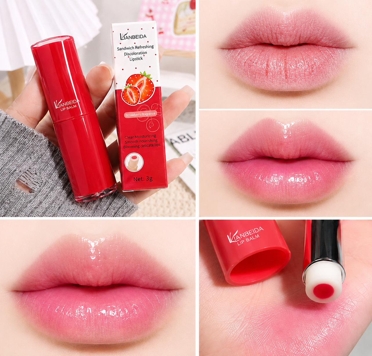 Lianbeida 2-in-1 Strawberry Flavor Lip Balm - Cute Design, Moisturizing Natural Tint, Premium Vegan Formula - 1 Piece