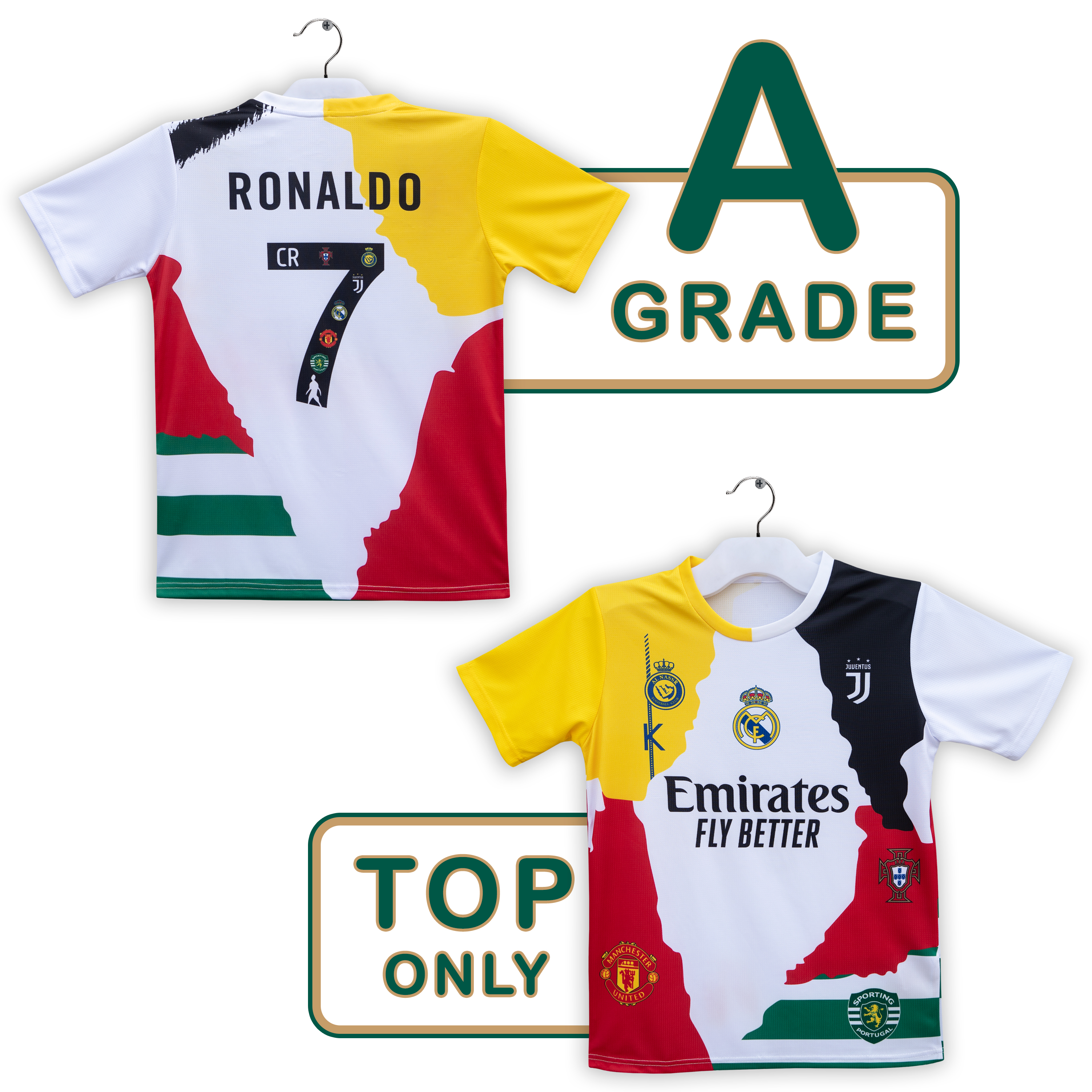 Ronaldo 7 Printed All Home Clubs And Country Printed Football Jersey T-Shirt For Men | Portugal | Real Madrid | United | Juventus | Sporting | Al-Nassr FC Printed | Top Only