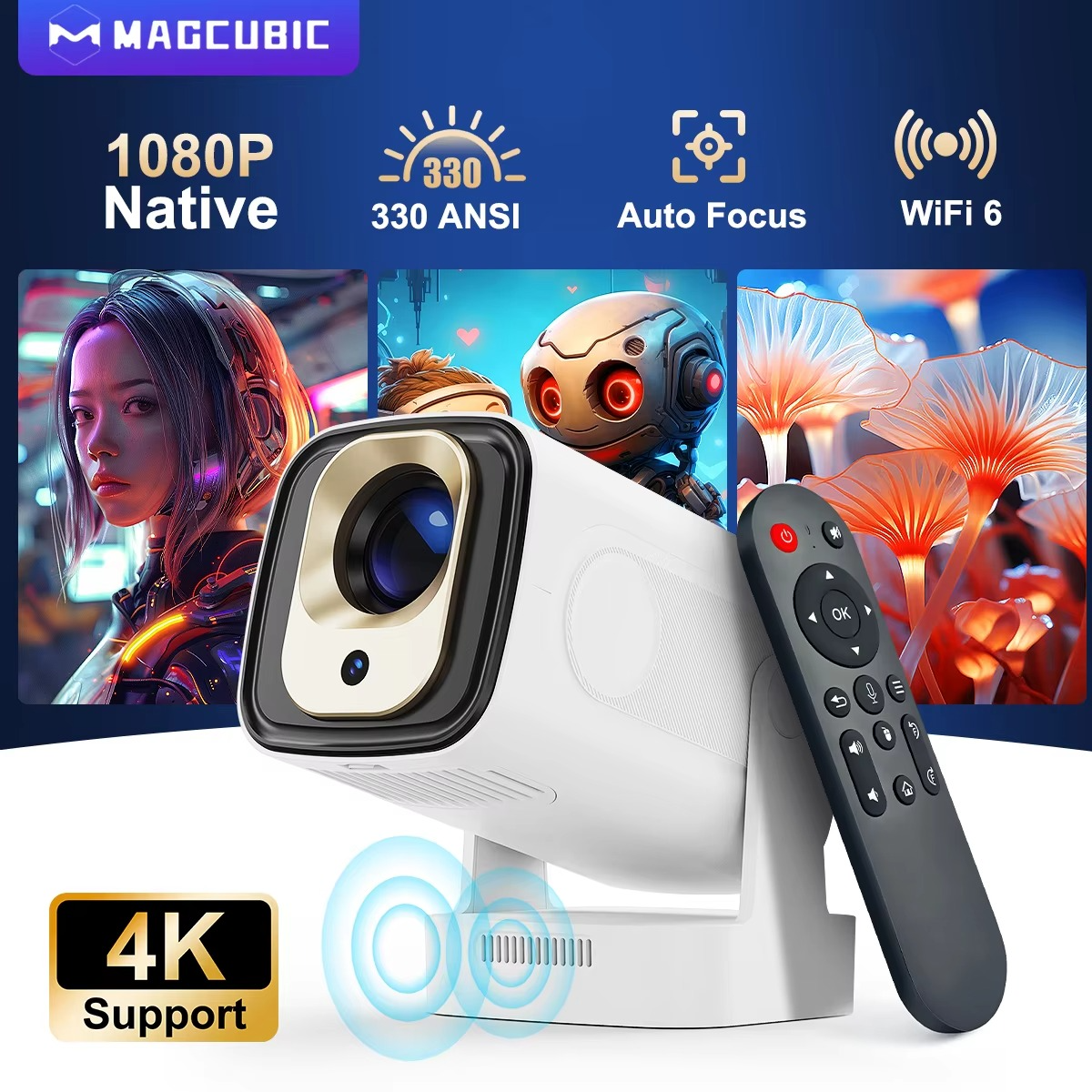 Magcubic HY310 1080P Android 11 Smart Projector | 330 ANSI Lumens | Auto Focus & Auto Keystone | WiFi 6 Bluetooth 5.4 | 4K Support | with Air Mouse Voice Remote | Portable Outdoor Movie Projector | Home Cinema & Gaming