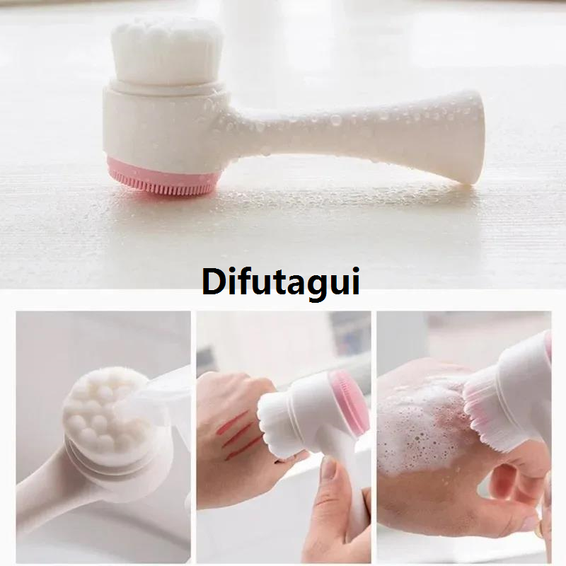 Difutagui Portable 3D Double Silicone Facial Cleansing Brush Massage Facial Brush Soft Bristles Exfoliator Double Sided Face Wash Brush