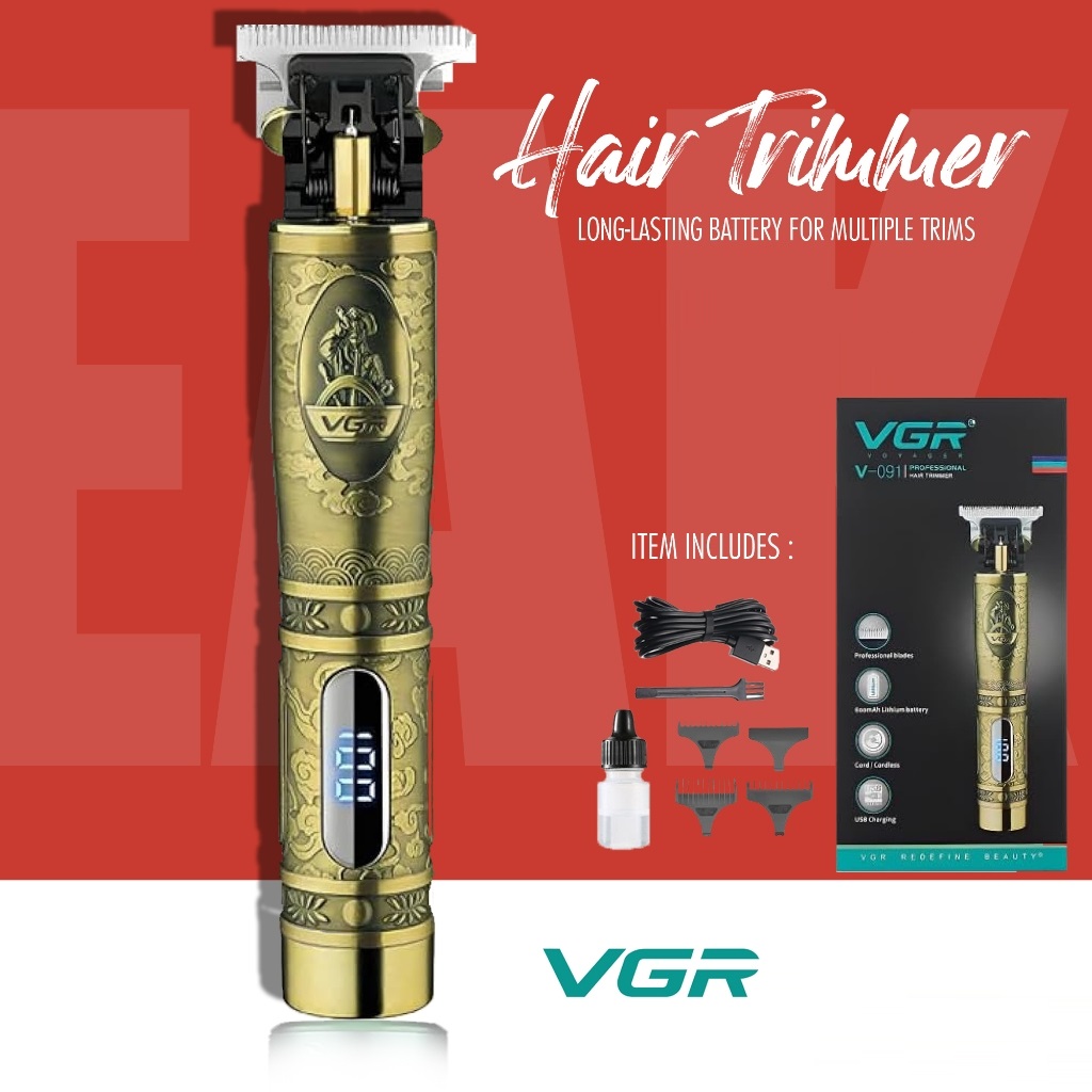 VGR V-091 Hair Clipper | T9 Rechargeable Electric Trimmer | 0 mm Precision | LCD Digital Display | Professional Barber and Home Grooming Tool