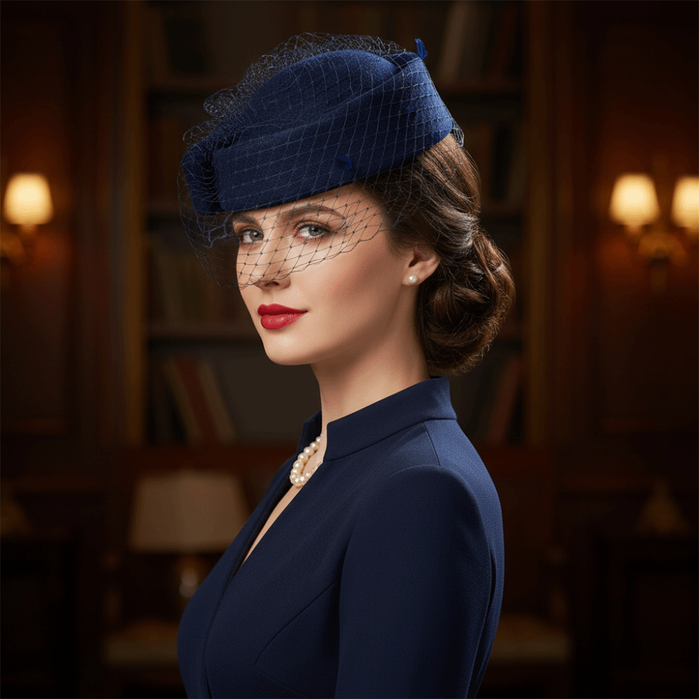 Vintage Mesh Wool Bow Hat with Veil Solid Color Cashmere Pillbox Hat British Style Woolen Topper Hat Autumn Winter
