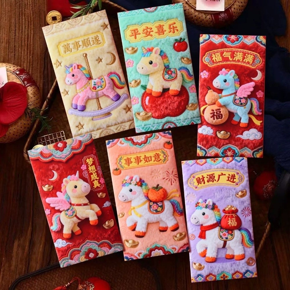 6pcs New 2026 Chinese New Year Money Envelope 2D Flat Traditional Chinese Red Envelope Simulated Embroidered Horse Lucky Money Bag Wedding