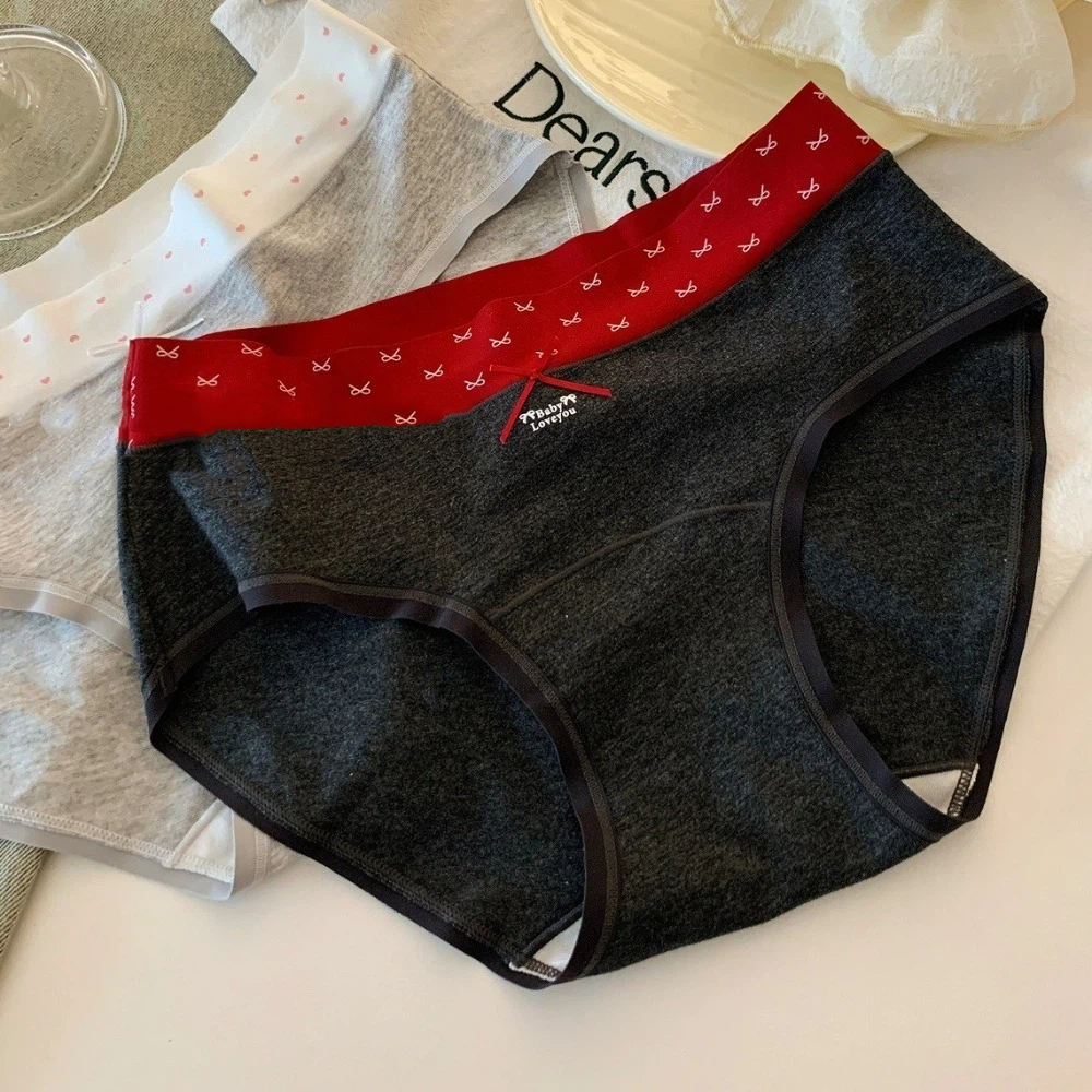 Cute Mid-waist Underwear for Women Bow Patchwork Sweet Panties Stripe Lattice Underpants Cotton Briefs Female
