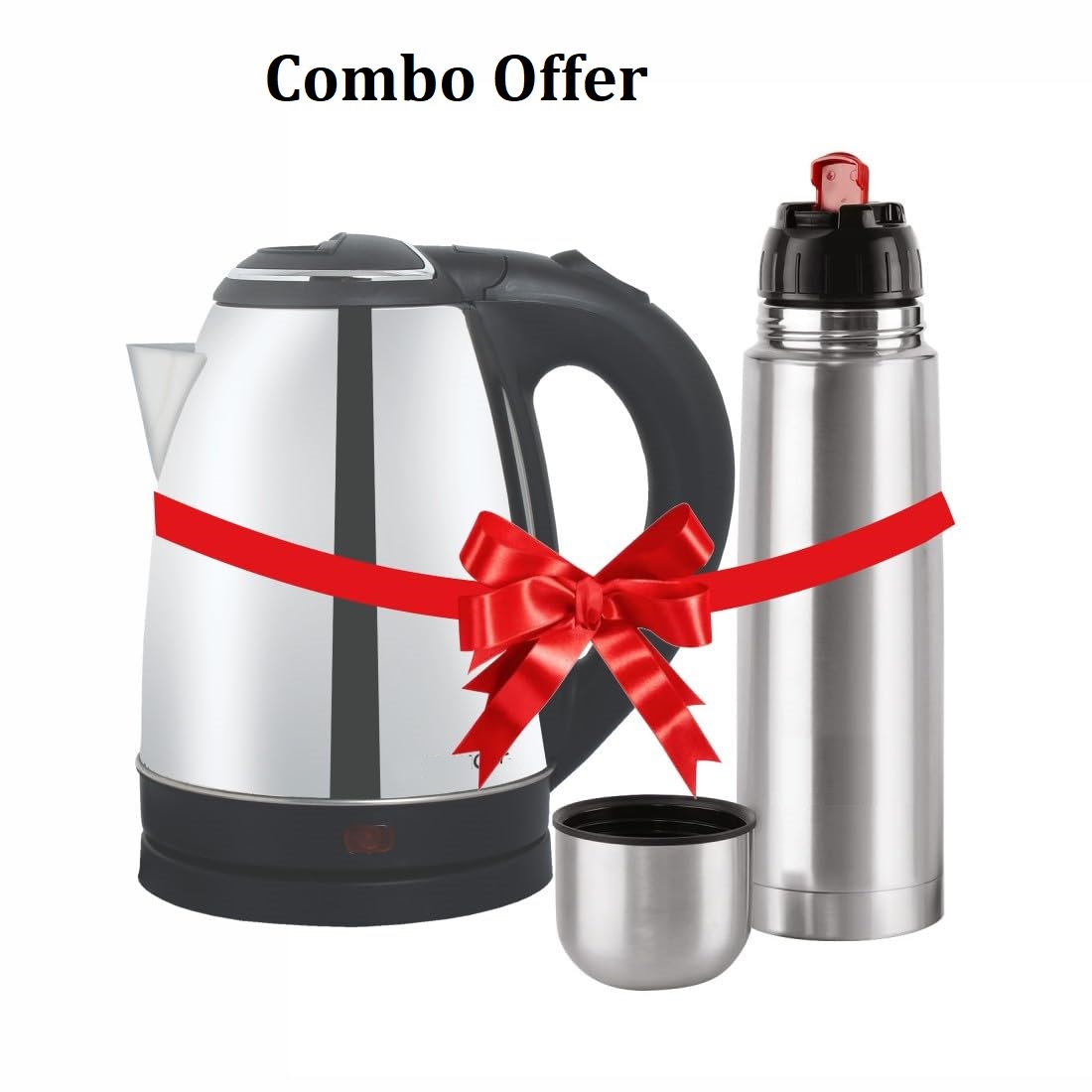Combo: Stainless Steel Electric Kettle (1.8L, Silver) & Hydrosteel Flask (500ml, Silver) - Durable, Fast Boiling & Insulated for Hot or Cold Beverages