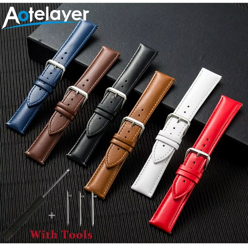 16mm 18mm 20mm 22mm Quick Release Plain Pattern Leather Watch Strap for Women Soft Universal Watch Band Waterproof Belt With Tools