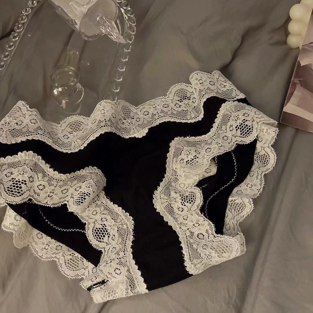 Black and white interwoven private collection * wave lace edge girl hollow cotton briefs low-rise buttock panties girl
