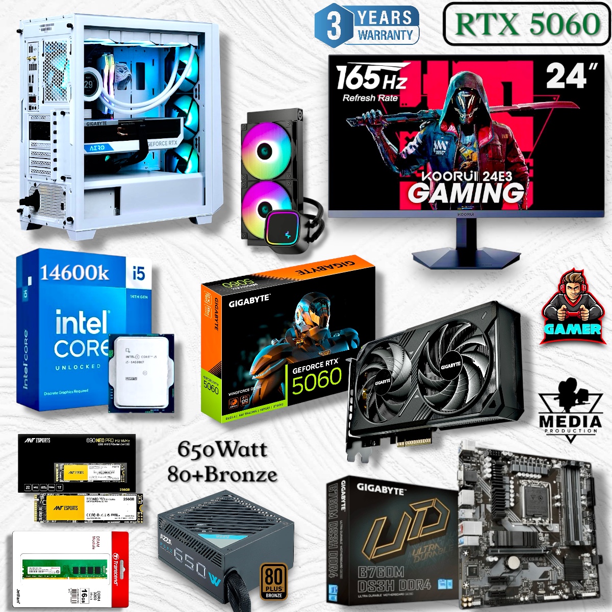 Gaming PC Full Setup Intel Core i5 14600K Gigabyte RTX 5060 8GB Windforce OC Graphics , 16GB DDR4 RAM, 24" 165hz Monitor