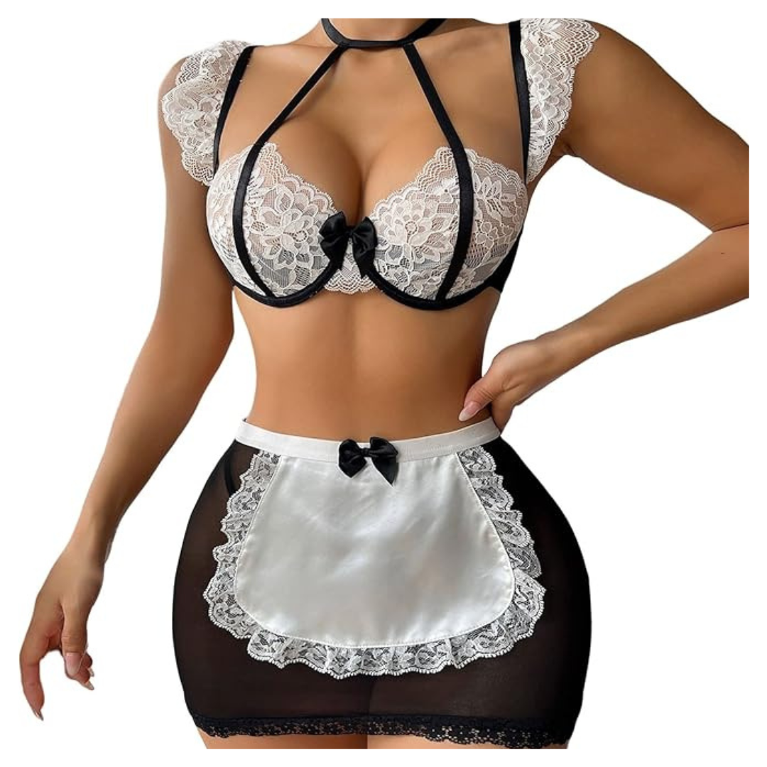 Women Lace Net Fabric 3 Pieces Bralette Bra and Cute Mini Skirt Contrast Lace Bow Front Low Rise Underwire Halter Lingerie Set with G-String Black Color