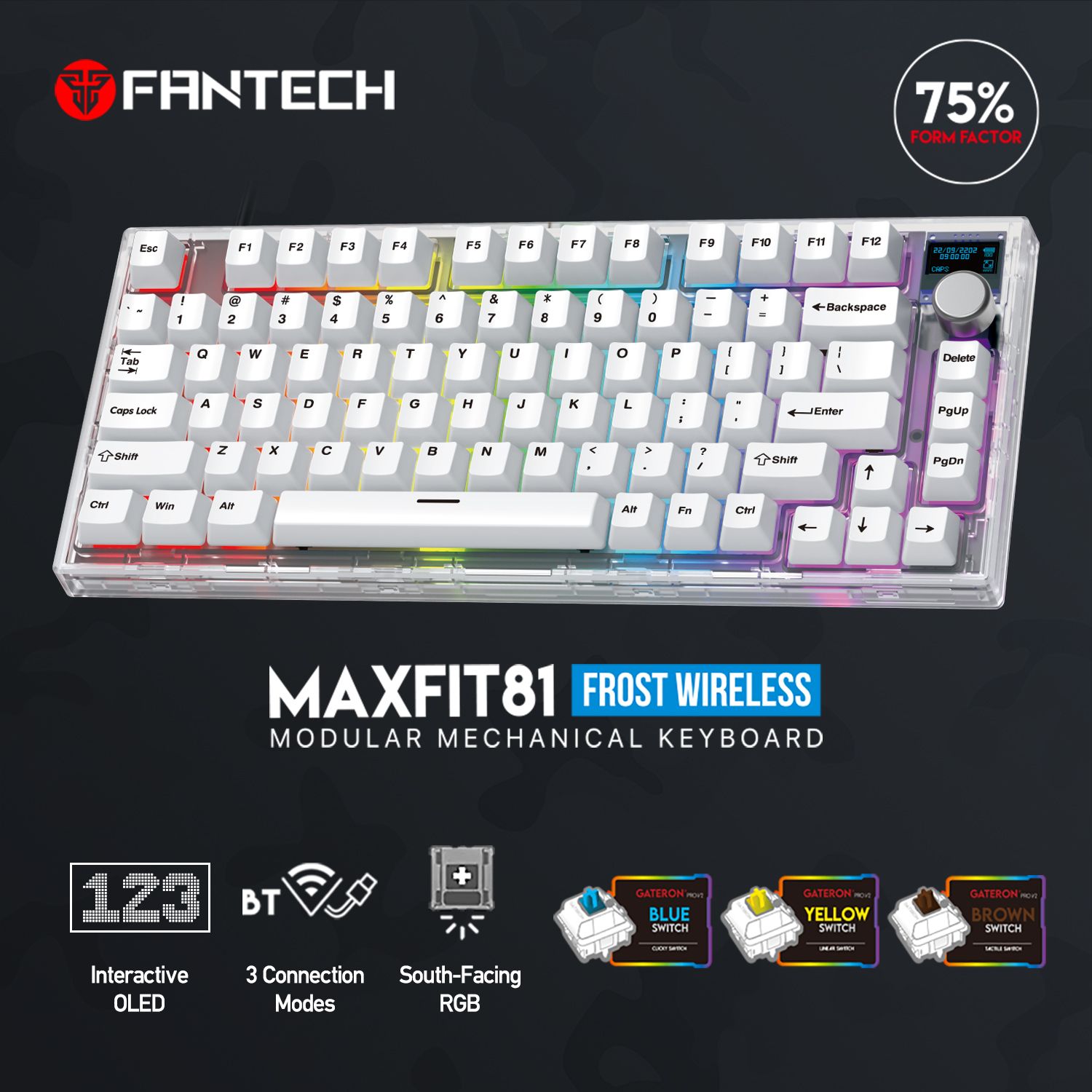 Fantech Maxfit81 MK910 Wireless Bluetooth 75% Mechanical Keyboard Gaming PBT-Black(Blue Switch)