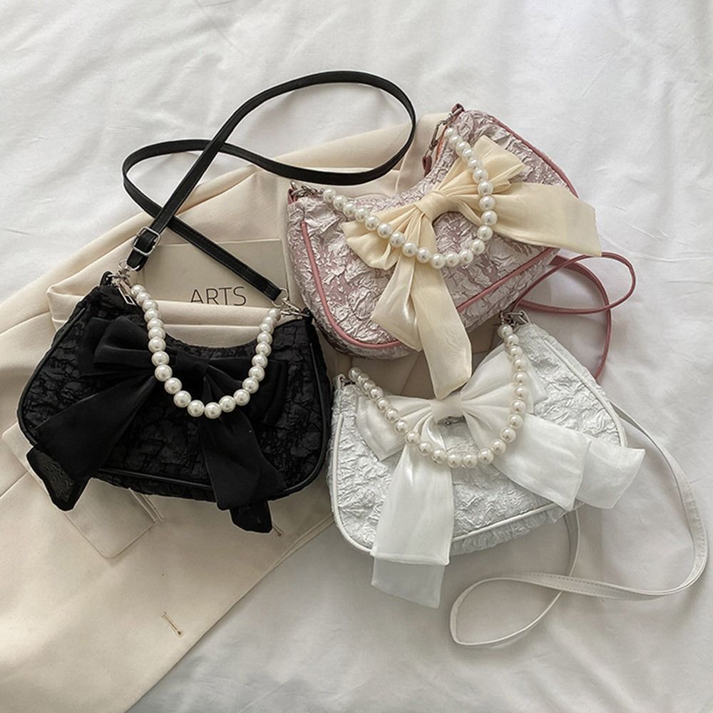 New Retro Bow Handbag Large Capacity Sweet Crossbody Bags Fashionable Pearl Armpit Bag Reusable Shopping Bags