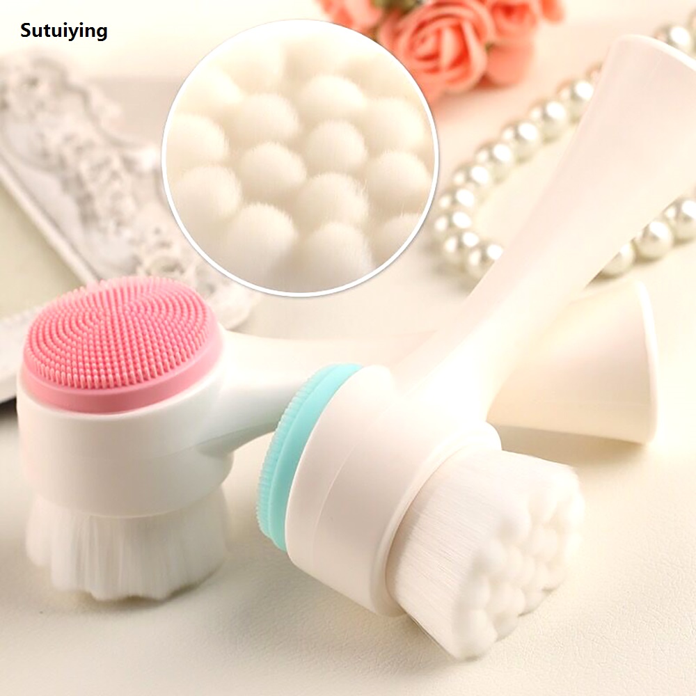 Sutuiying 3IN1 Double Sided Face Washing Brush Silicone Facial Cleansing Sales promotion Massage Brush Blackhead Removal Pore Cleanser Facial 3D Tools