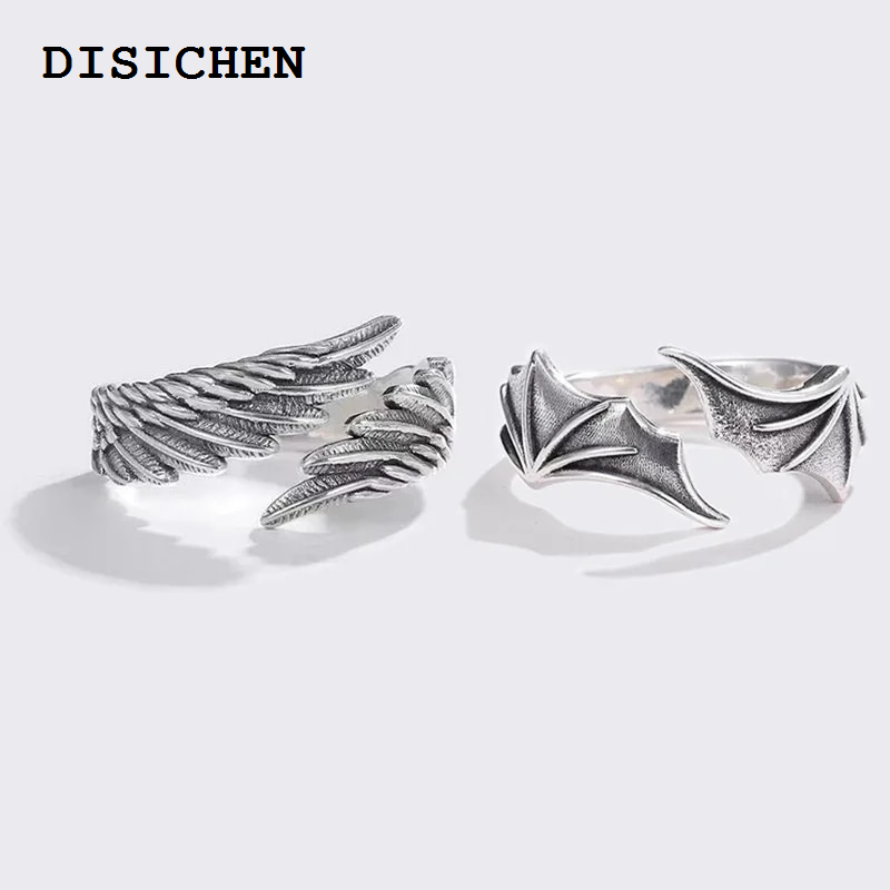 DISICHEN Original Retro Angel Demon Wing Couples Rings Fashion Men Women Jewelry Vintage Ancient Silver Color Punk Hip Hop Adjustable