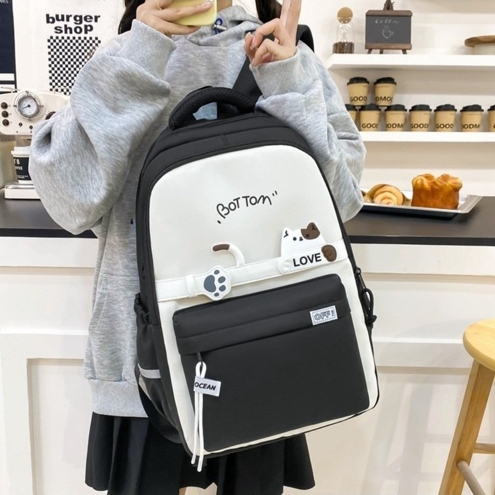 High Quality Waterproof Students School Backpack Nylon Multi Pocket Cute Cat School Bag Casual Stationery Storage Lightweight Travel Bag Girls Boys
