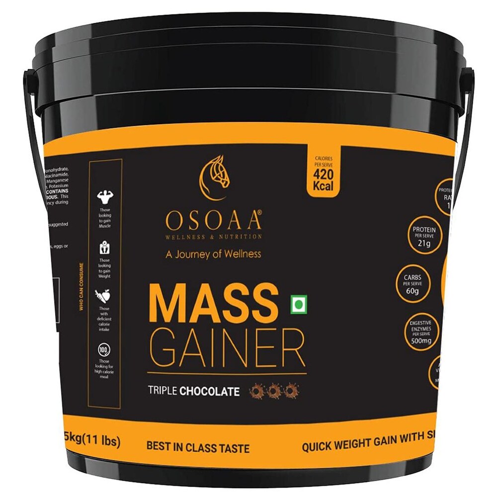 OSOAA Mass Gainer 5KG Triple Chocolate, 420 Calorie, Creatine, Digestive Enzyme, Fast Muscle Weight Gain, 28 Vitamin & Mineral,