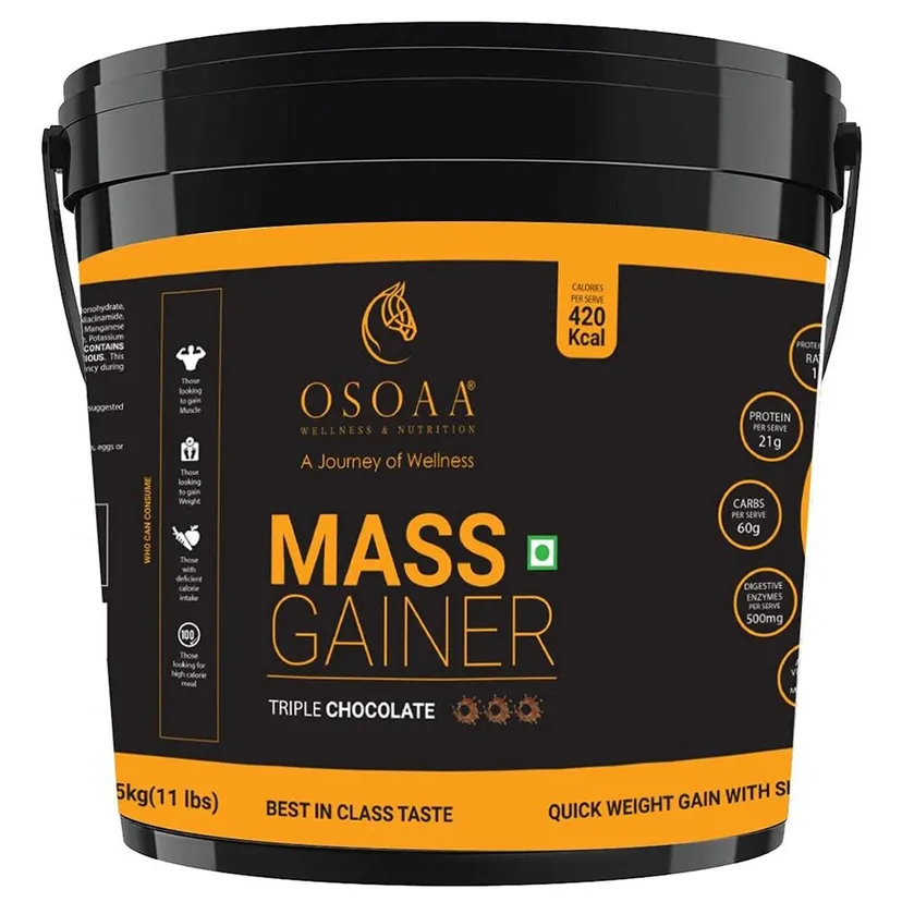 OSOAA Mass Gainer 5KG Triple Chocolate, 420 Calorie, Creatine, Digestive Enzyme, Fast Muscle Weight Gain, 28 Vitamin & Mineral,