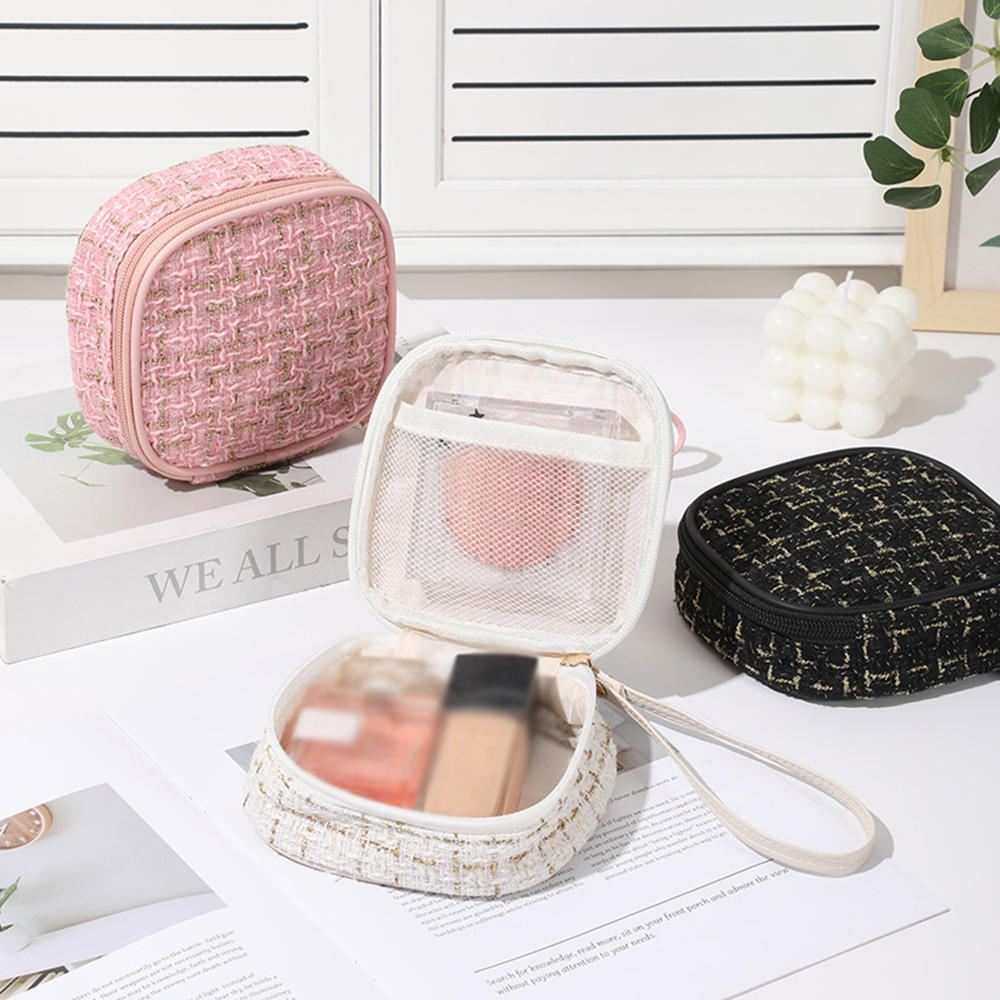 Portable Square Tampon Storage Bag Zipper Woven Texture Makeup Bag Large Capacity Square Small Handbag for Women Necessities Organizer Personal Item Organization Daily Carry