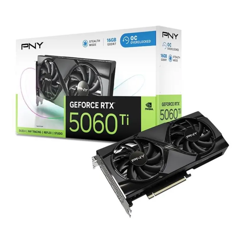 PNY GEFORCE RTX 5060TI | 8GB & 16GB DUAL FAN | OVER CLOCKED | 128-bit | 2407 MHz Clock Speed | 4K Resolution | GRAPHICS CARD | 2 Years Warranty