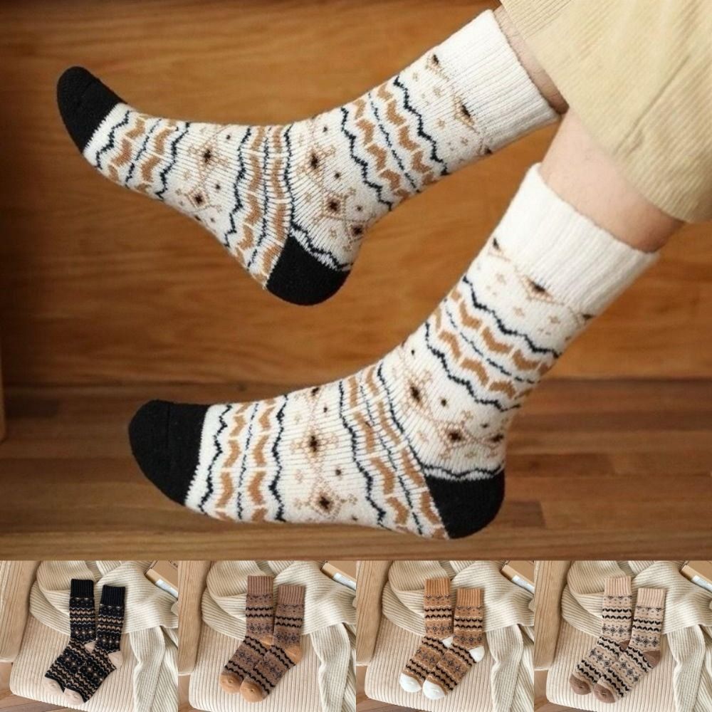 2 Pairs New Thickened Winter Socks Thermal Retro Style Wool Mid-Calf Socks Breathable Women‘s Socks Winter Season